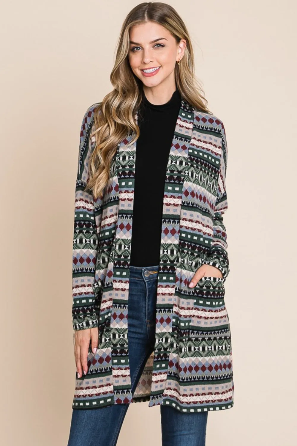 BOMBOM Geometric Open Front Long Sleeve Cardigan with Pockets sold by Charming Charlie product image thumbnail 3