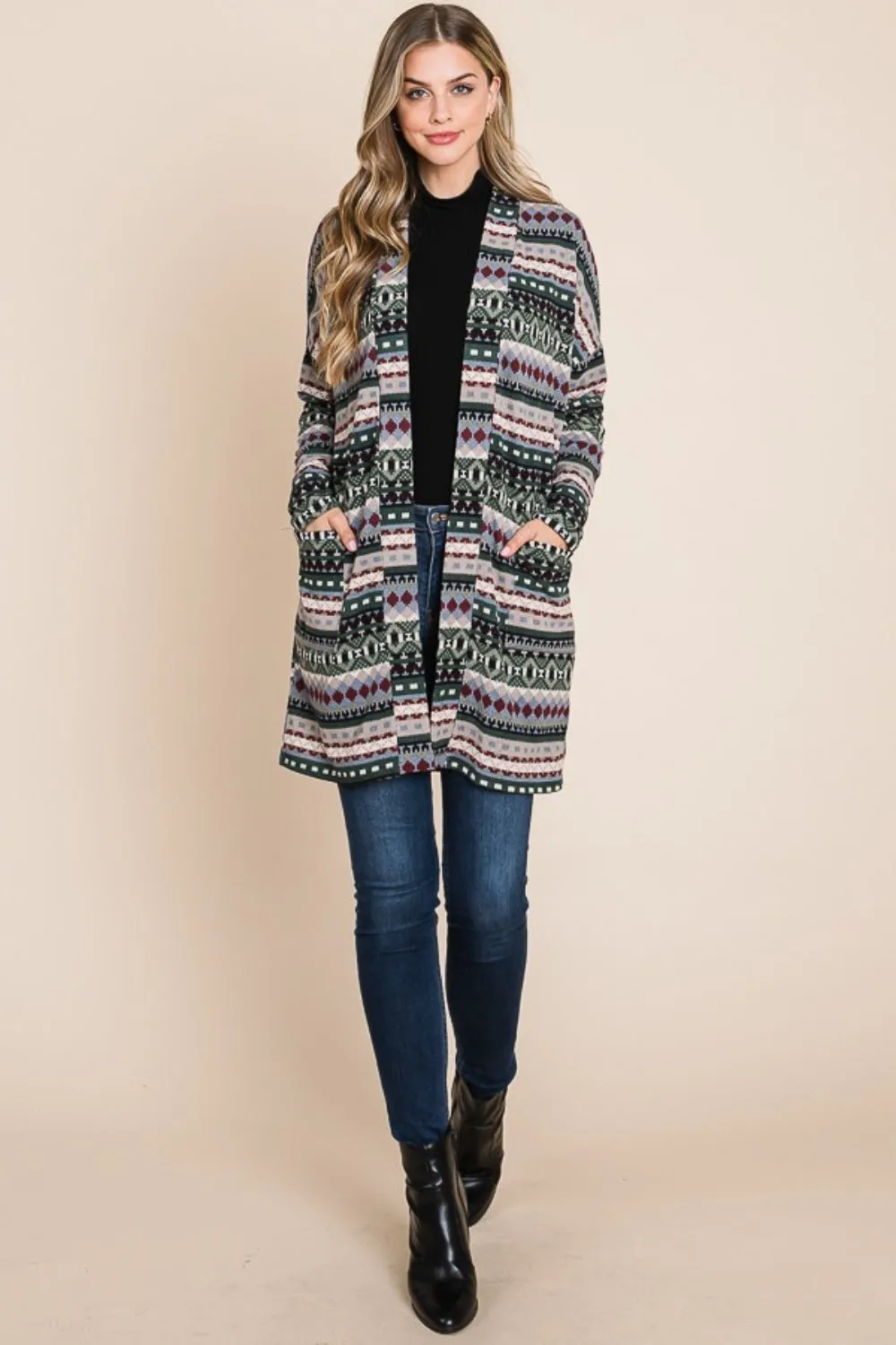 BOMBOM Geometric Open Front Long Sleeve Cardigan with Pockets sold by Charming Charlie product image thumbnail 4