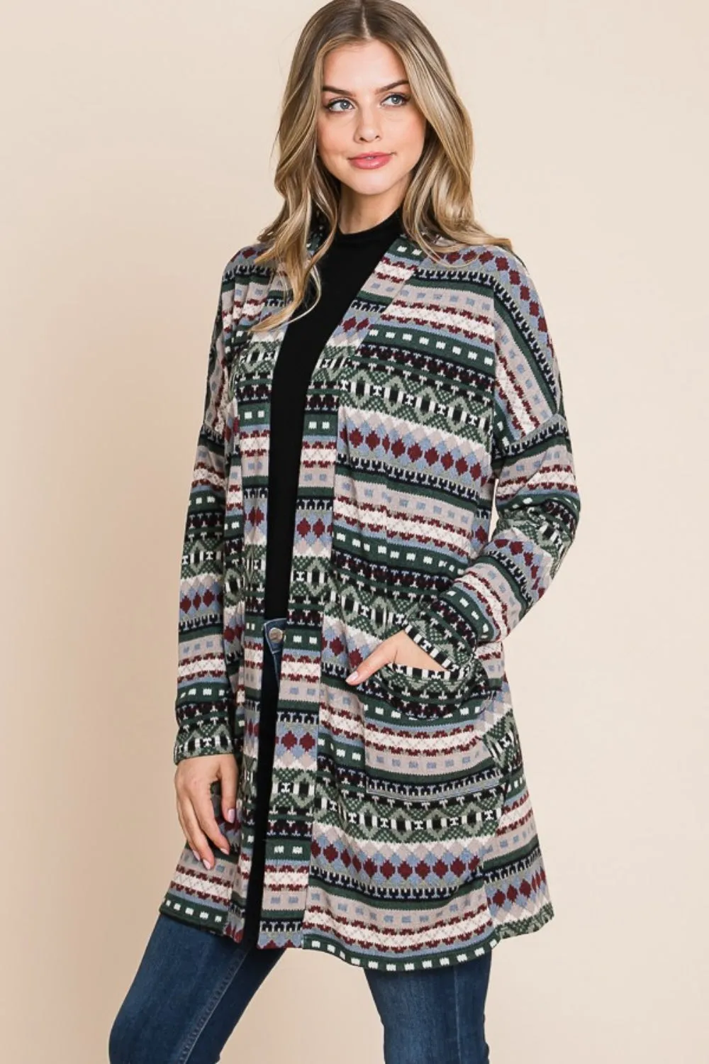BOMBOM Geometric Open Front Long Sleeve Cardigan with Pockets sold by Charming Charlie product image thumbnail 2