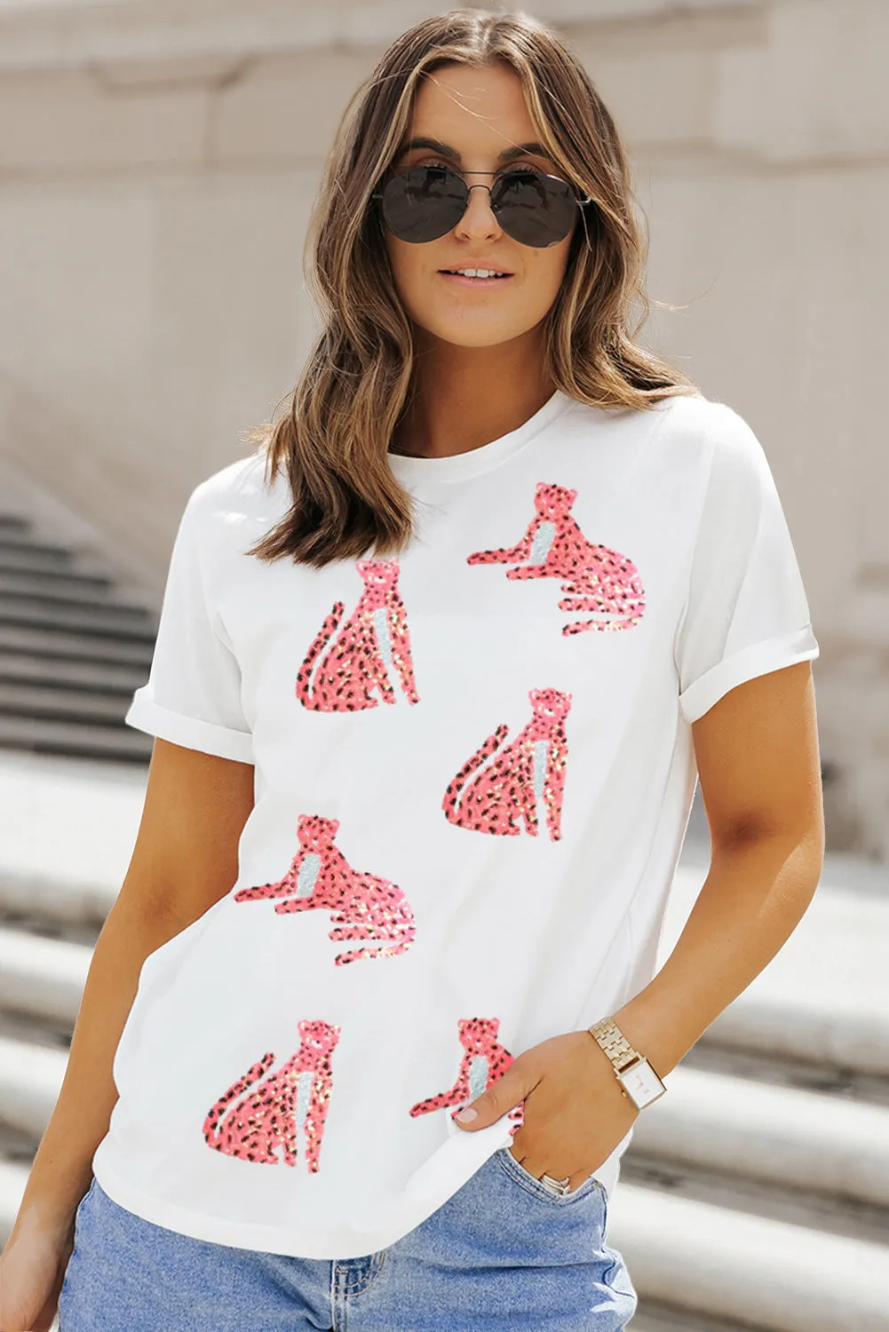 Sequin Leopard Round Neck Short Sleeve T-Shirt sold by Charming Charlie
