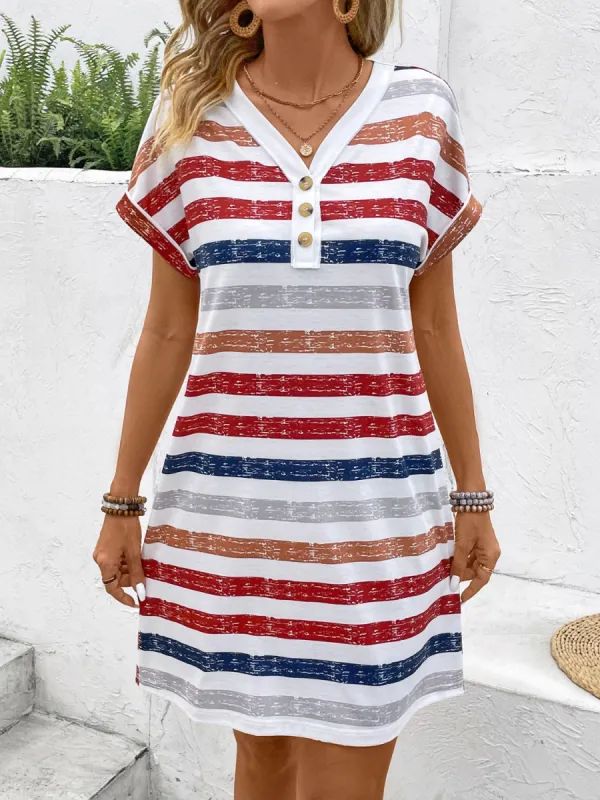 Striped V-Neck Short Sleeve Dress sold by Charming Charlie