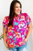 Summer Vibes Fuchsia Abstract Print Frill Notch Neck Puff Sleeve Top sold by Charming Charlie