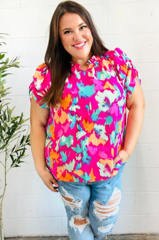 Summer Vibes Fuchsia Abstract Print Frill Notch Neck Puff Sleeve Top sold by Charming Charlie