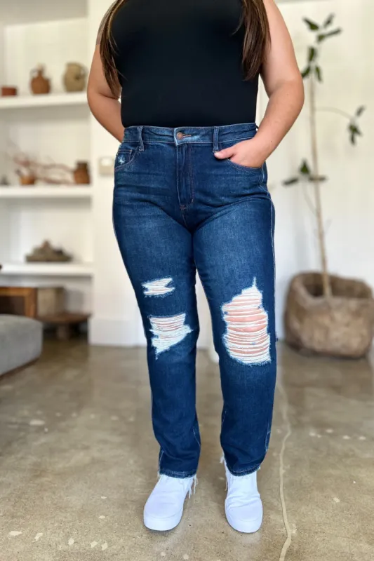 Judy Blue Full Size High Waist Rigid Magic Heavy Destroy Straight Jeans sold by Charming Charlie