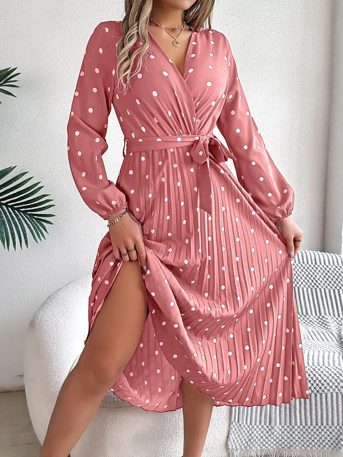 Tied Polka Dot Long Sleeve Midi Dress sold by Charming Charlie
