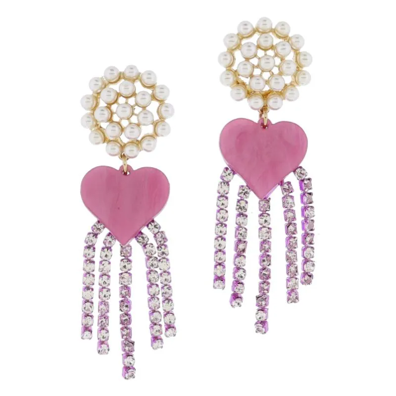 Pearl Stud Post & Shimmery Resin Heart, Metallic Pink, Crystal Tassels Earrings, 3" Top to Bottom sold by Charming Charlie
