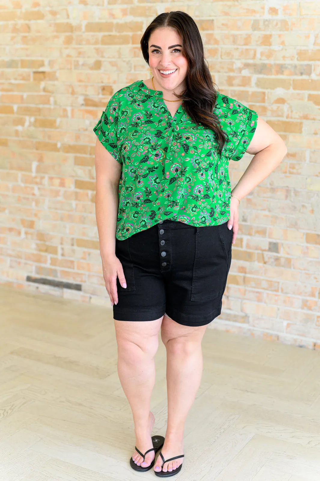 Lizzy Cap Sleeve Top in Green and Black Floral sold by Charming Charlie product image thumbnail 4