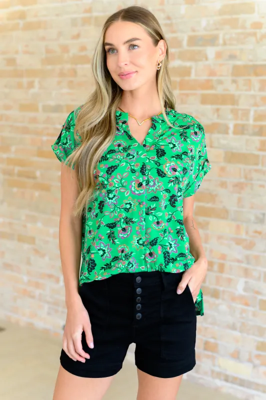 Lizzy Cap Sleeve Top in Green and Black Floral sold by Charming Charlie