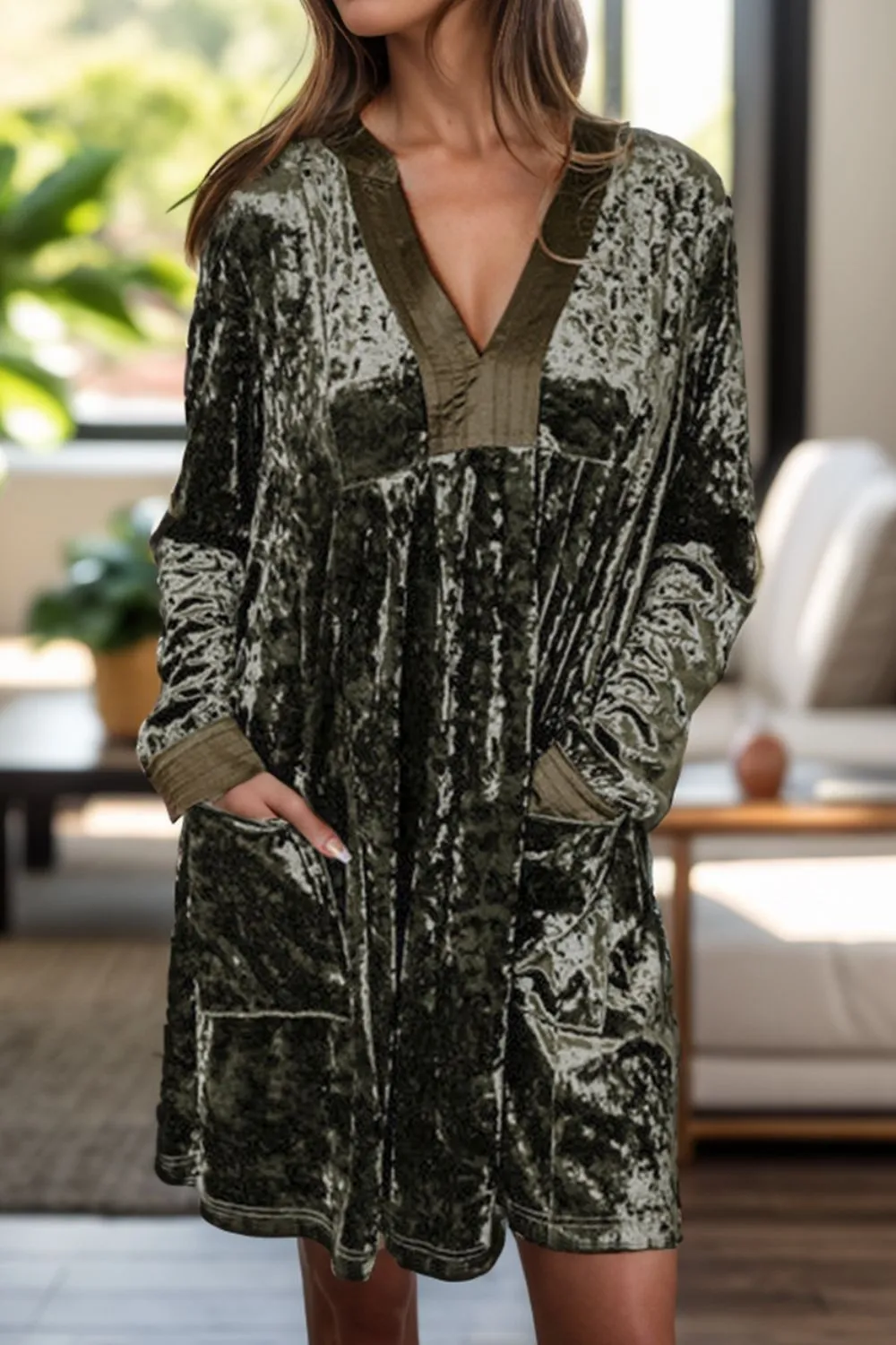 Velvet Notched Long Sleeve Mini Dress sold by Charming Charlie