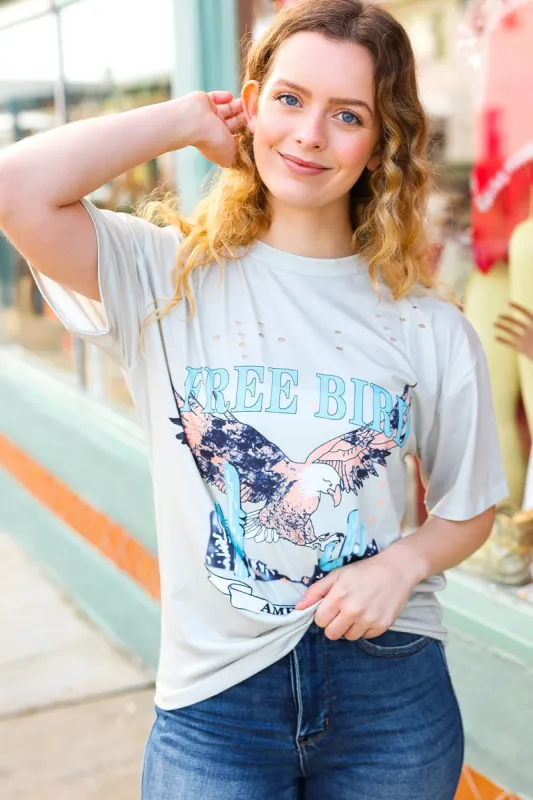 Cut Loose Taupe Free Bird Distressed Graphic Tee sold by Charming Charlie