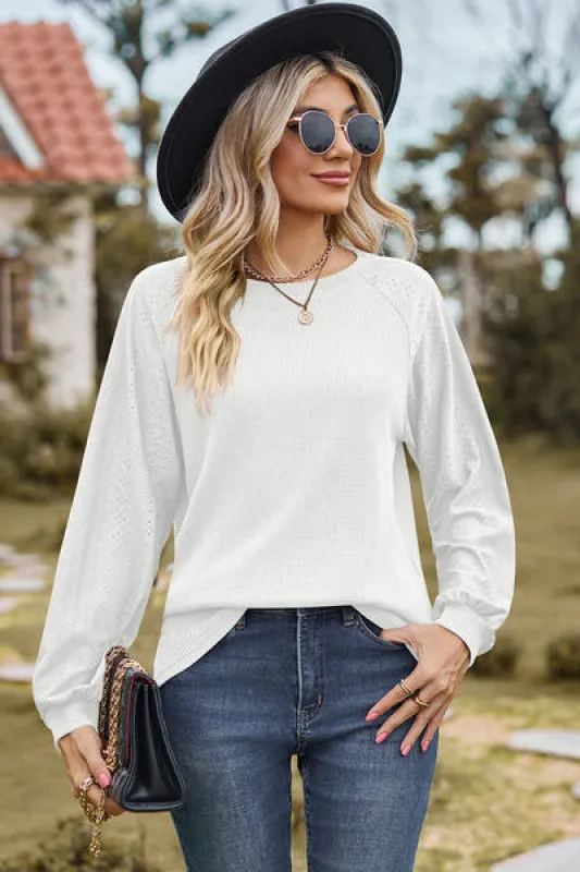 Eyelet Round Neck Long Sleeve T-Shirt sold by Charming Charlie