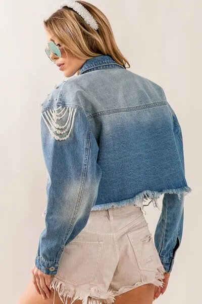 BiBi Pearl Detail Distressed Cropped Denim Jacket sold by Charming Charlie product image thumbnail 2