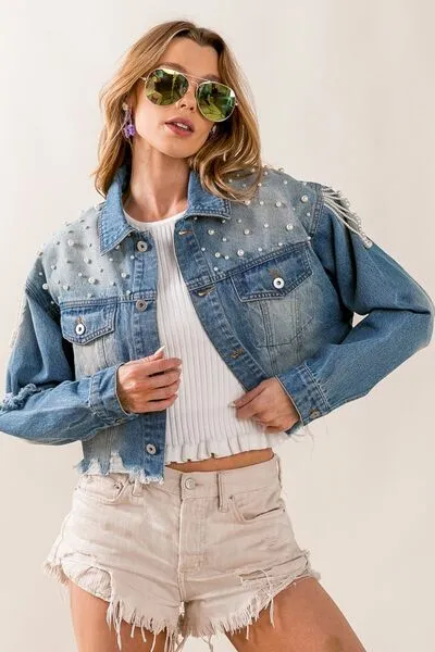 BiBi Pearl Detail Distressed Cropped Denim Jacket sold by Charming Charlie product image thumbnail 3