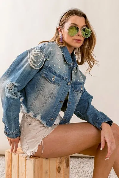 BiBi Pearl Detail Distressed Cropped Denim Jacket sold by Charming Charlie