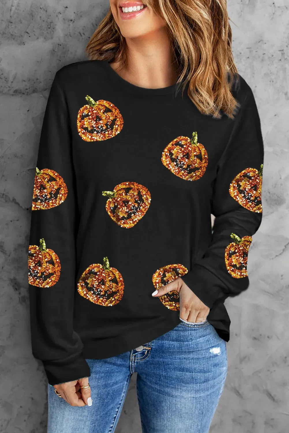 Sequin Pumpkin Round Neck Long Sleeve Top sold by Charming Charlie