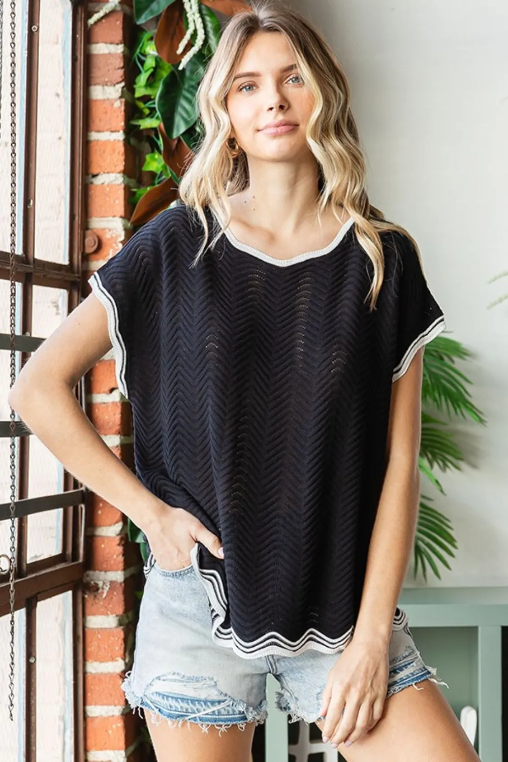 First Love Full Size Contrast Wavy Crochet Drop Shoulder Knit Top sold by Charming Charlie