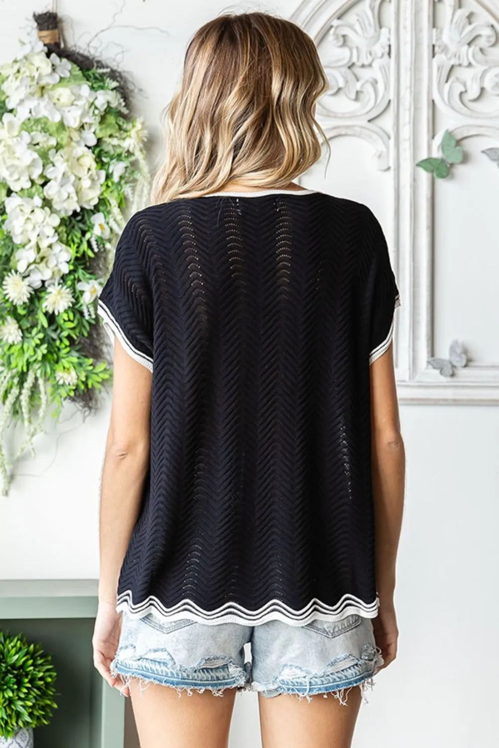 First Love Full Size Contrast Wavy Crochet Drop Shoulder Knit Top sold by Charming Charlie product image thumbnail 2