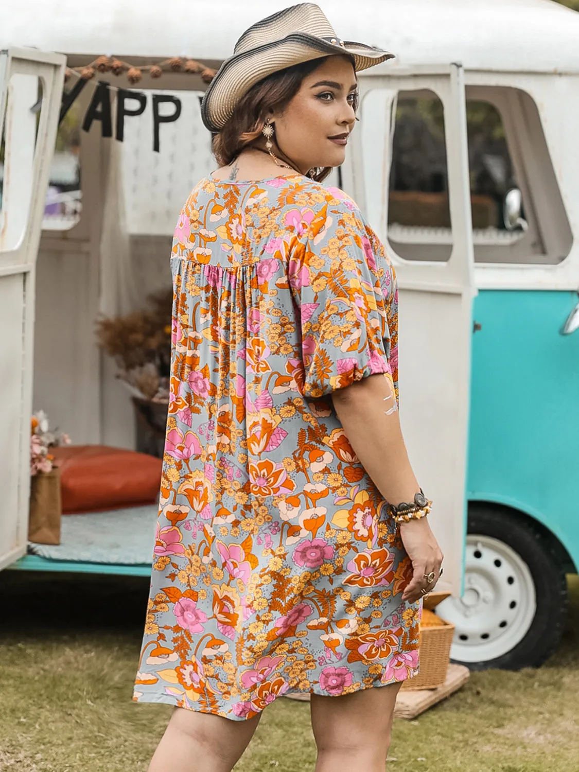 Plus Size Ruched Printed Half Sleeve Mini Dress sold by Charming Charlie product image thumbnail 2