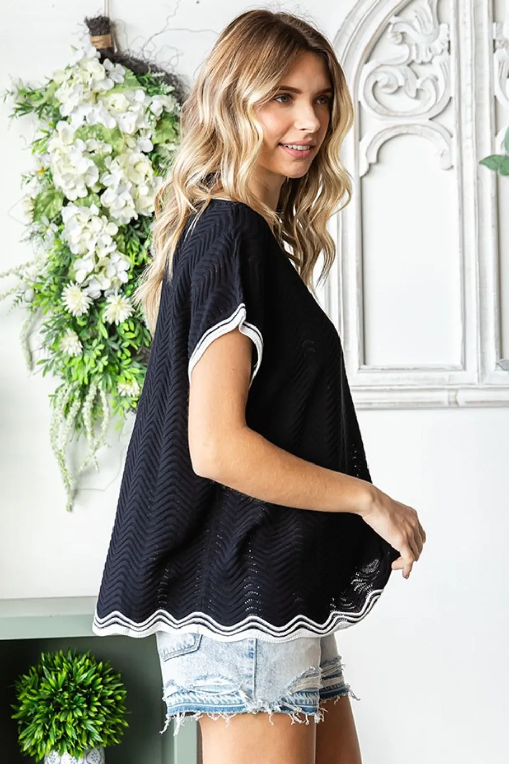 First Love Full Size Contrast Wavy Crochet Drop Shoulder Knit Top sold by Charming Charlie product image thumbnail 3
