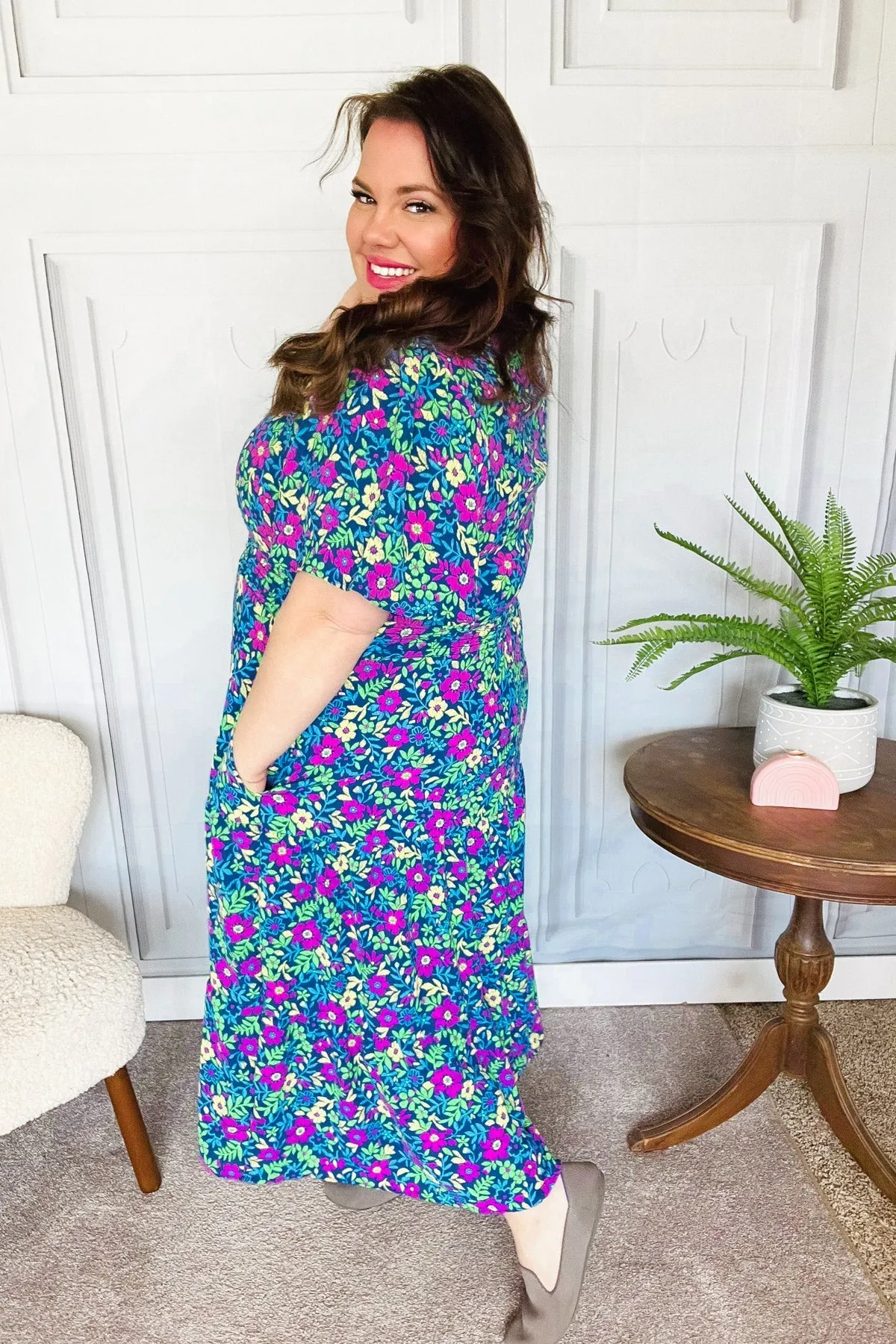 Eyes On You Navy Neon Floral Smocked Waist Maxi Dress sold by Charming Charlie product image thumbnail 3