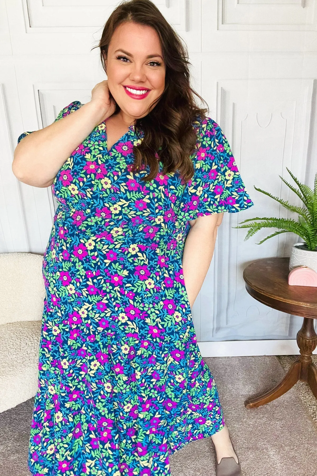 Eyes On You Navy Neon Floral Smocked Waist Maxi Dress sold by Charming Charlie product image thumbnail 2