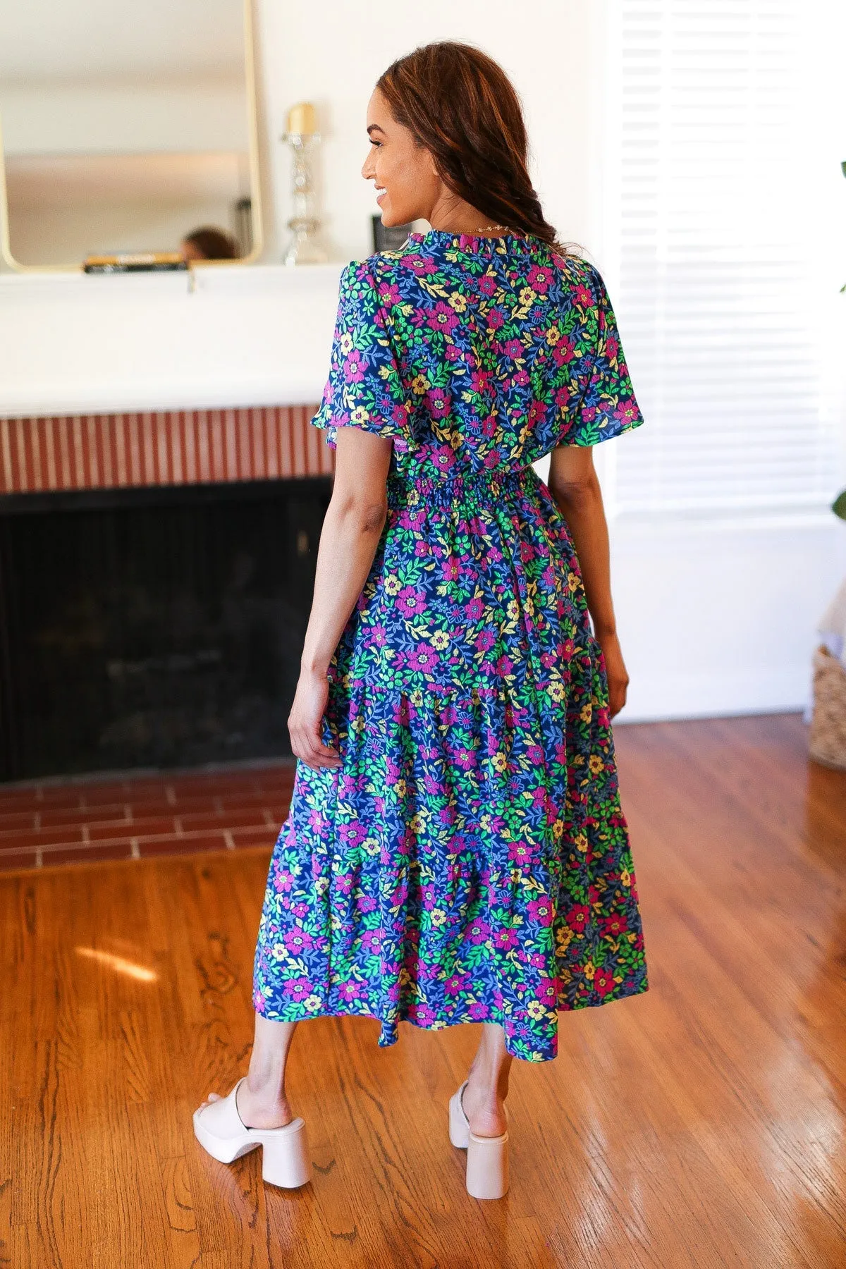 Eyes On You Navy Neon Floral Smocked Waist Maxi Dress sold by Charming Charlie product image thumbnail 5