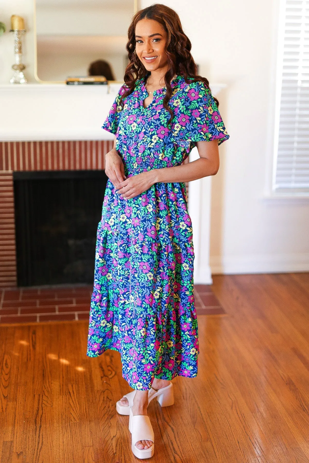 Eyes On You Navy Neon Floral Smocked Waist Maxi Dress sold by Charming Charlie product image thumbnail 4