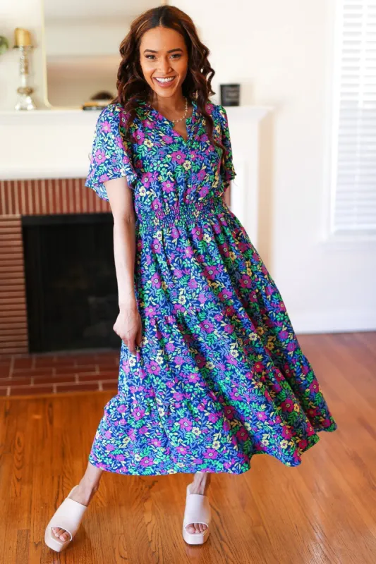 Eyes On You Navy Neon Floral Smocked Waist Maxi Dress sold by Charming Charlie