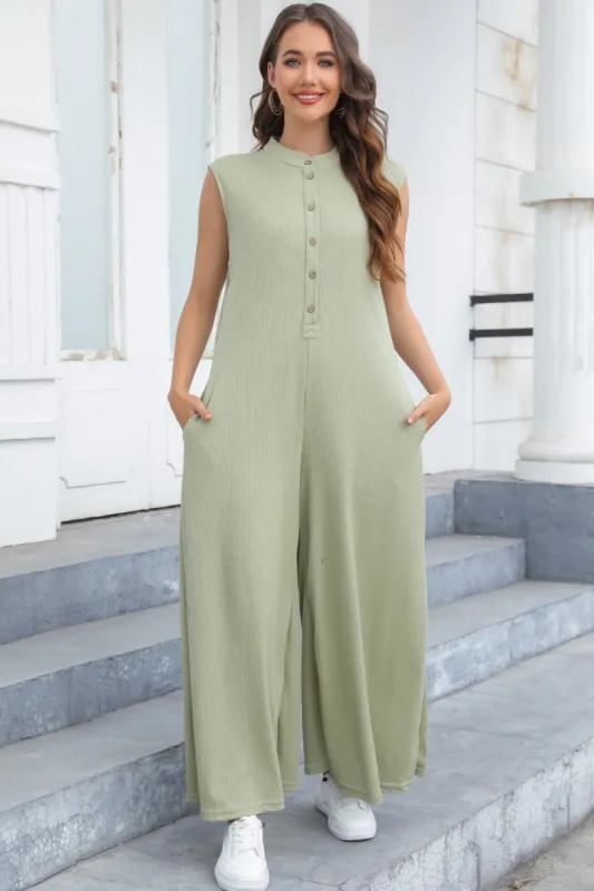 Half Button Wide Leg Jumpsuit with Pockets sold by Charming Charlie