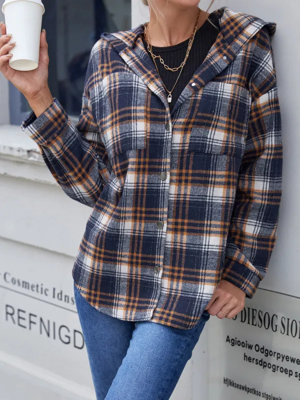 Plaid Button Up Long Sleeve Hooded Jacket sold by Charming Charlie