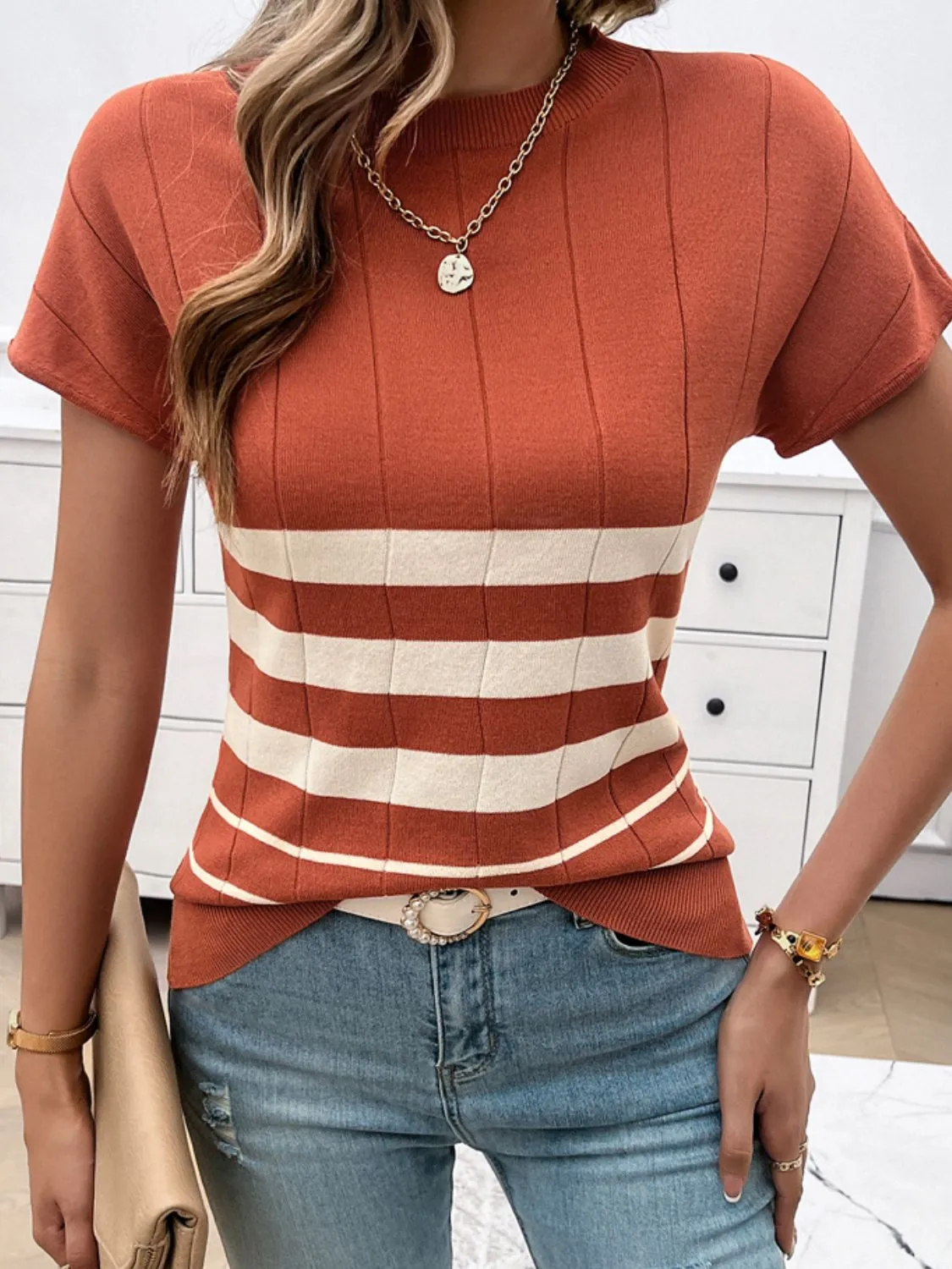 Striped Round Neck Short Sleeve Knit Top sold by Charming Charlie product image thumbnail 4