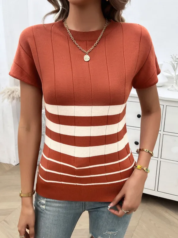 Striped Round Neck Short Sleeve Knit Top sold by Charming Charlie