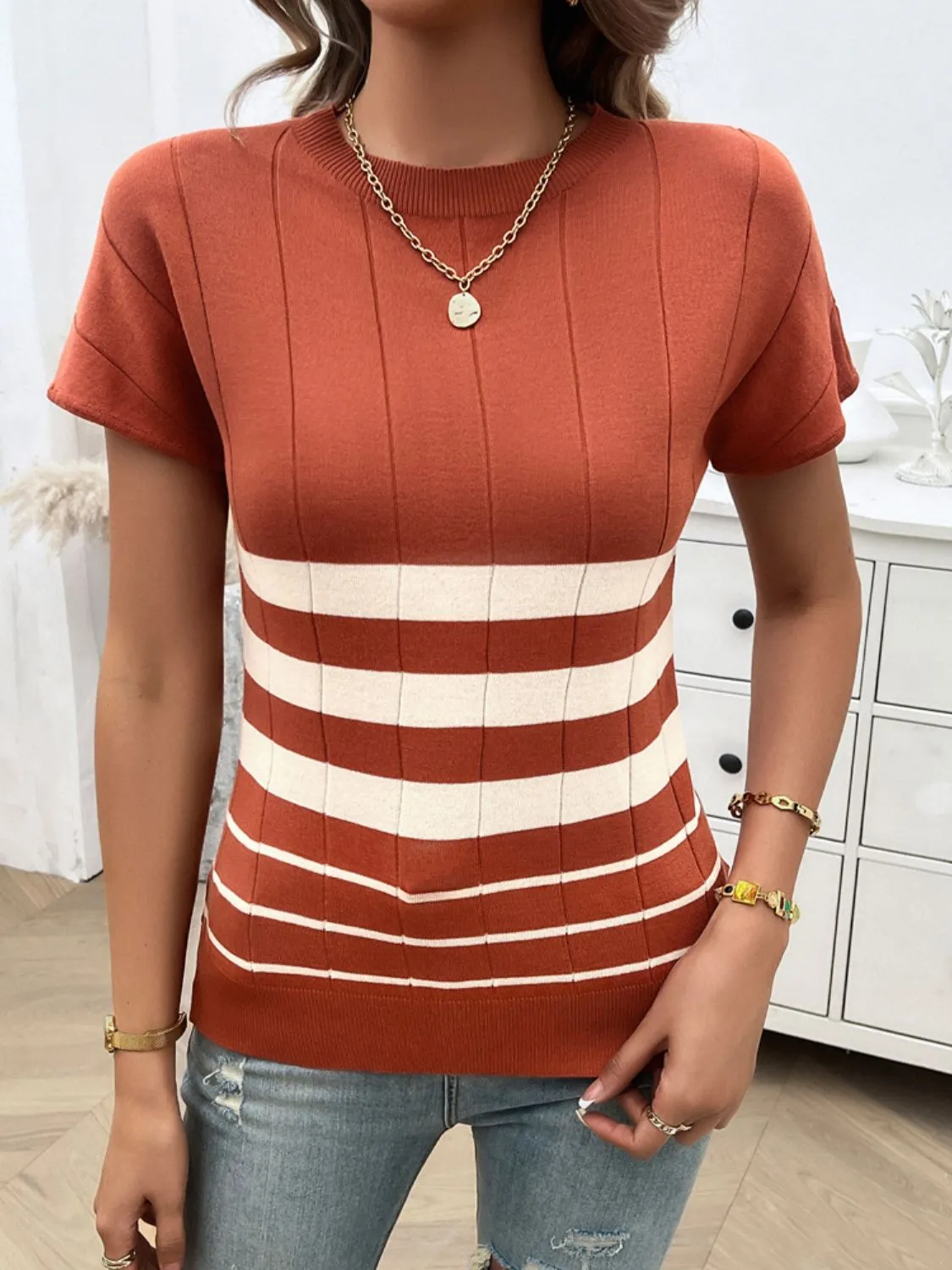 Striped Round Neck Short Sleeve Knit Top sold by Charming Charlie