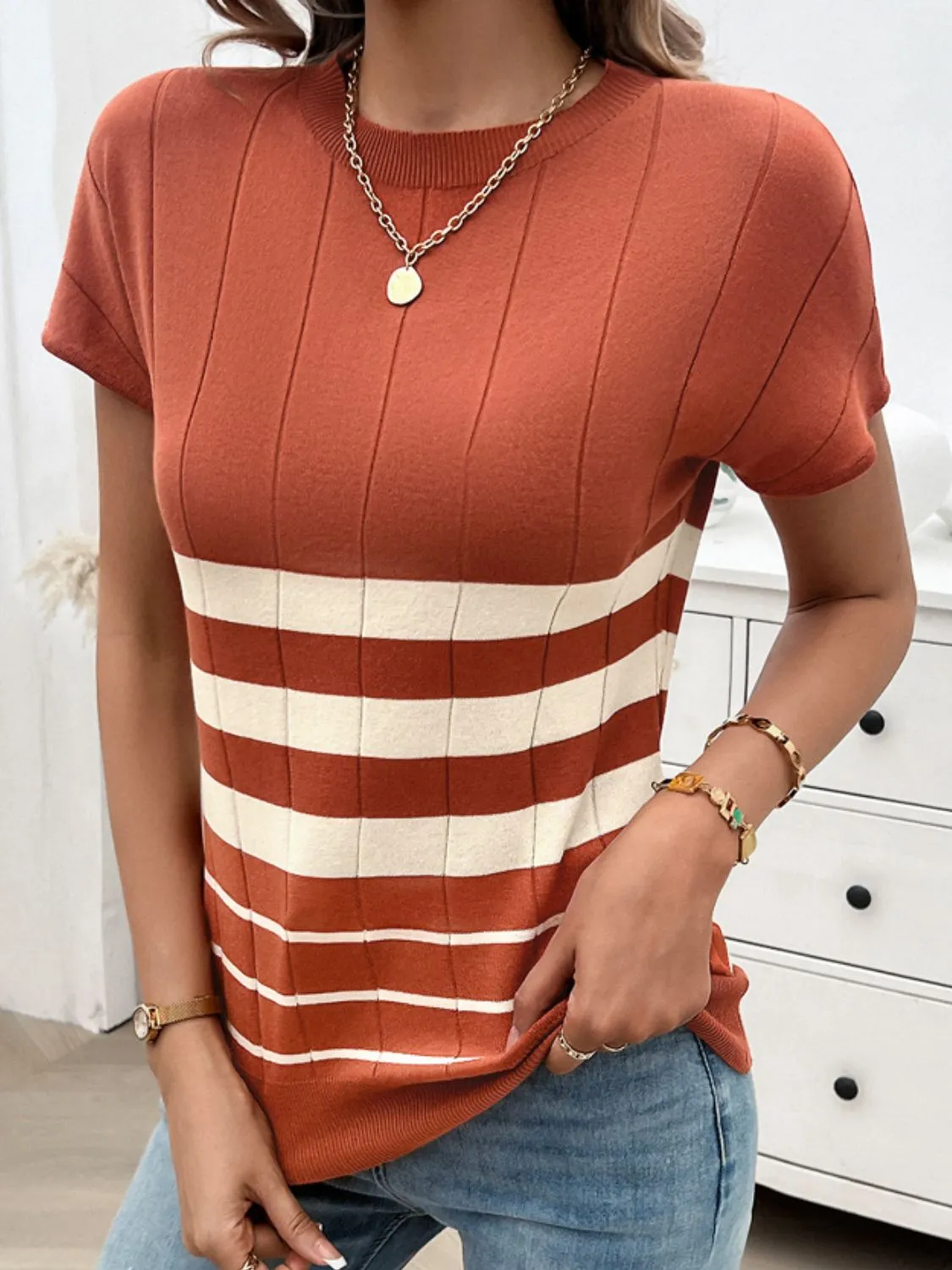 Striped Round Neck Short Sleeve Knit Top sold by Charming Charlie product image thumbnail 5