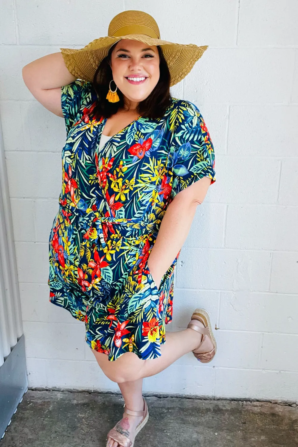 Navy Tropical Floral Surplice Romper sold by Charming Charlie product image thumbnail 2