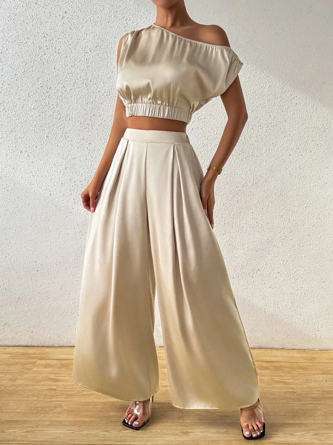 One Shoulder Short Sleeve Top and Wide Leg Pants Set sold by Charming Charlie product image thumbnail 3