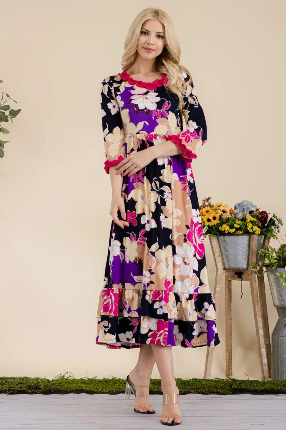 Celeste Full Size Floral Ruffled Midi Dress sold by Charming Charlie product image thumbnail 3
