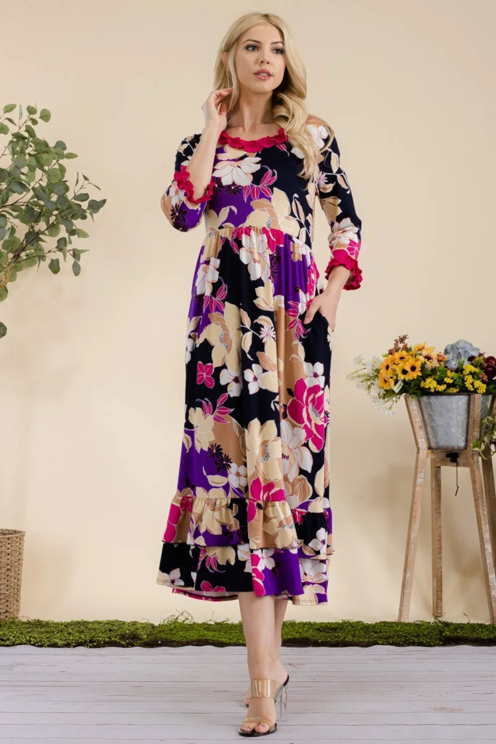 Celeste Full Size Floral Ruffled Midi Dress sold by Charming Charlie product image thumbnail 4