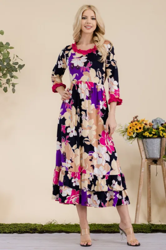 Celeste Full Size Floral Ruffled Midi Dress sold by Charming Charlie