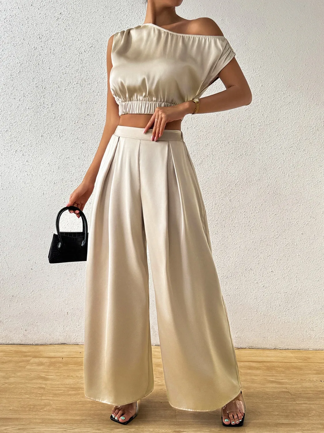 One Shoulder Short Sleeve Top and Wide Leg Pants Set sold by Charming Charlie product image thumbnail 5