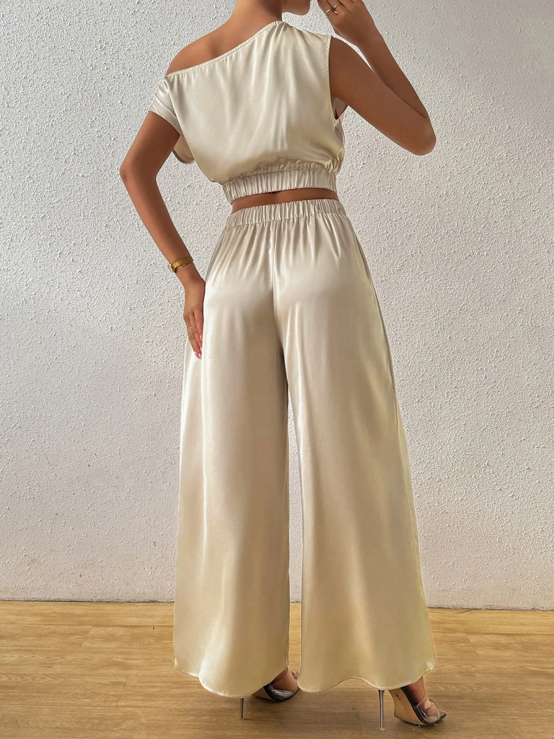 One Shoulder Short Sleeve Top and Wide Leg Pants Set sold by Charming Charlie product image thumbnail 2