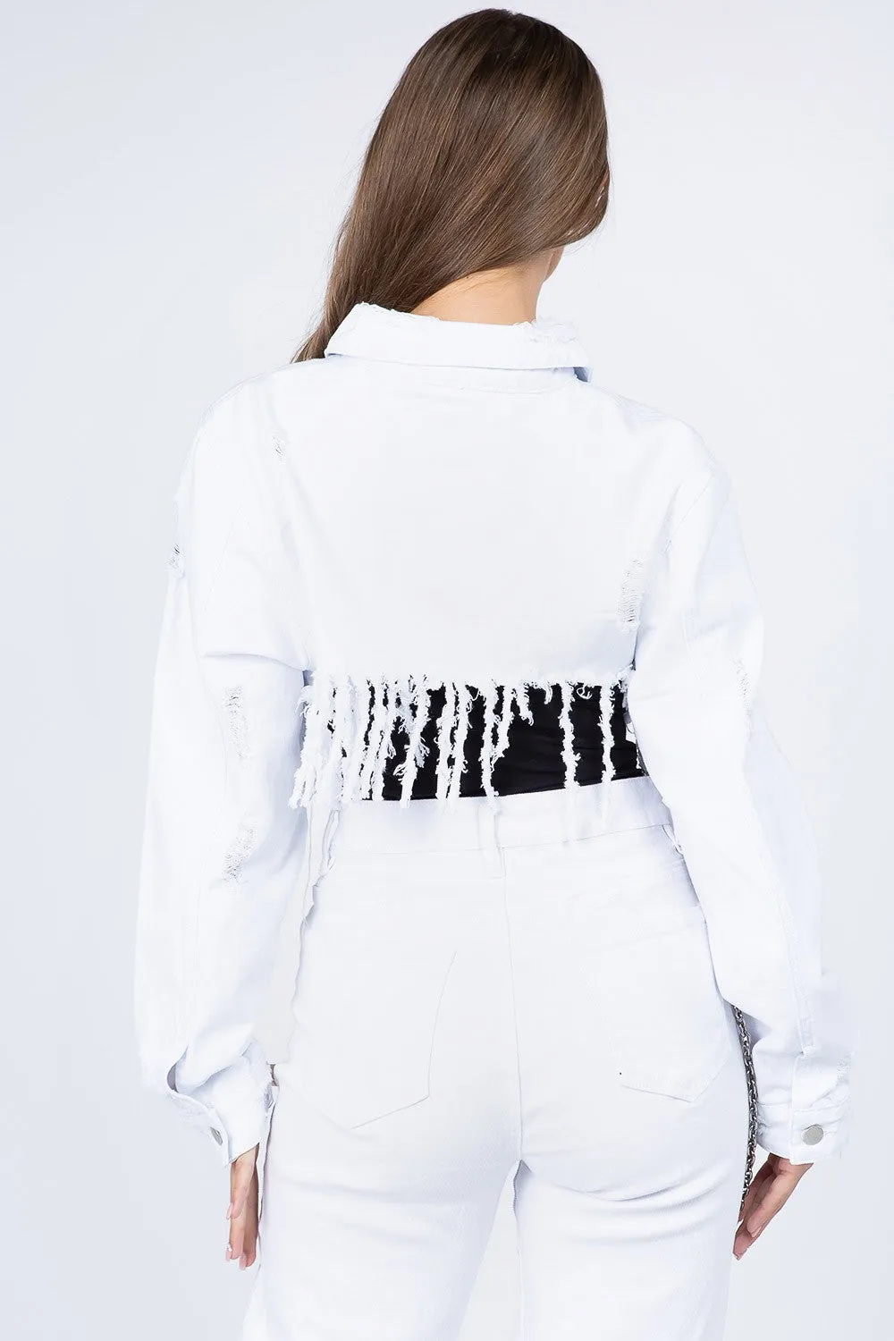 American Bazi Distressed Denim Jacket with Frayed Hem sold by Charming Charlie product image thumbnail 2