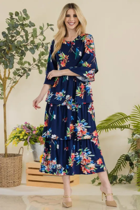 Celeste Full Size Floral Ruffle Tiered Midi Dress sold by Charming Charlie