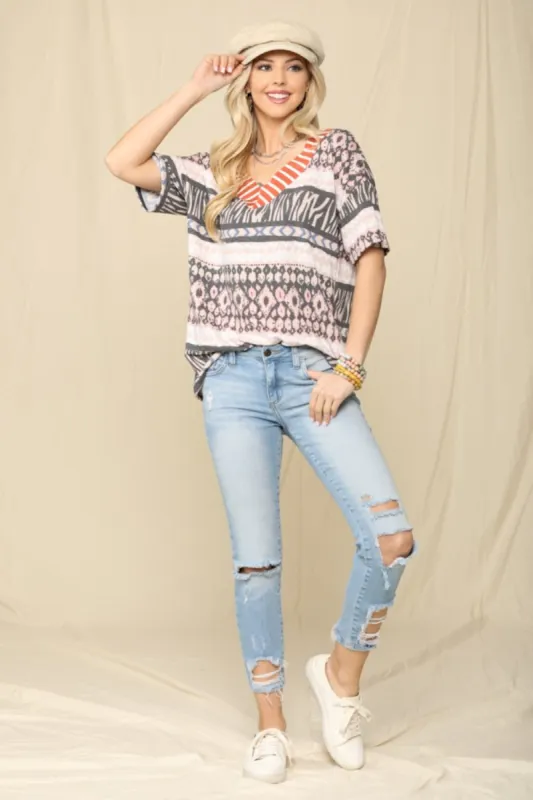 Celeste Full Size Striped V-Neck Short Sleeve T-Shirt sold by Charming Charlie