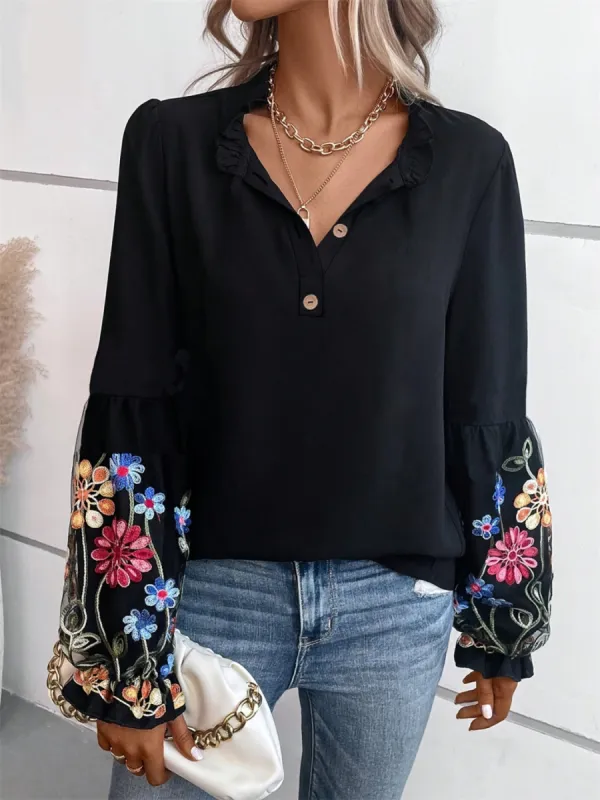 Embroidered Notched Long Sleeve Blouse sold by Charming Charlie