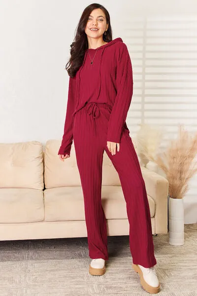 Basic Bae Full Size Ribbed Drawstring Hood Top and Straight Pants Set sold by Charming Charlie