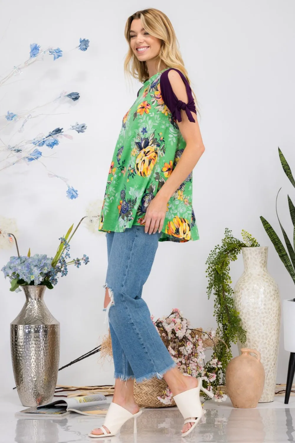 Celeste Full Size Open Tie Sleeve Round Neck Floral Blouse sold by Charming Charlie product image thumbnail 4