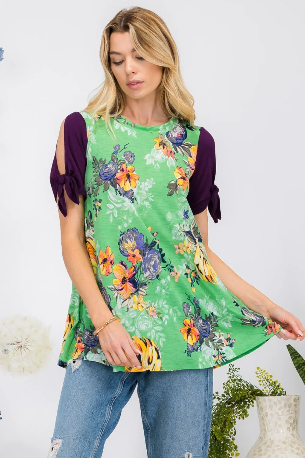 Celeste Full Size Open Tie Sleeve Round Neck Floral Blouse sold by Charming Charlie