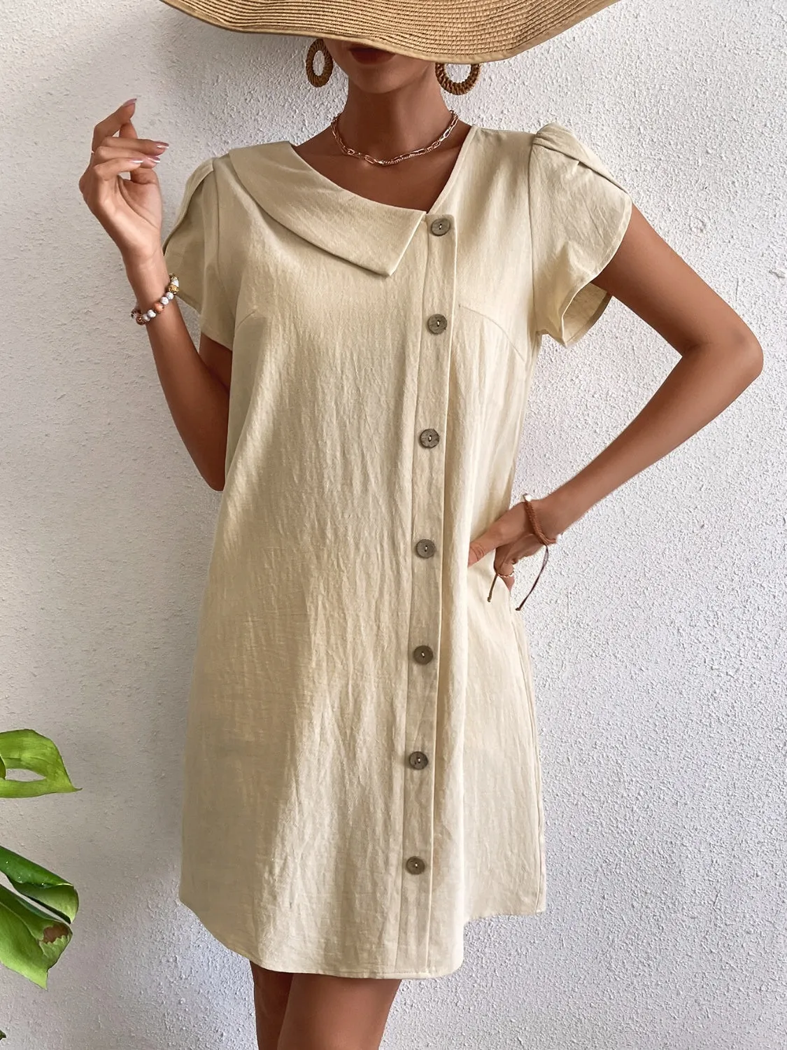 Decorative Button Asymmetrical Neck Short Sleeve Dress sold by Charming Charlie product image thumbnail 5