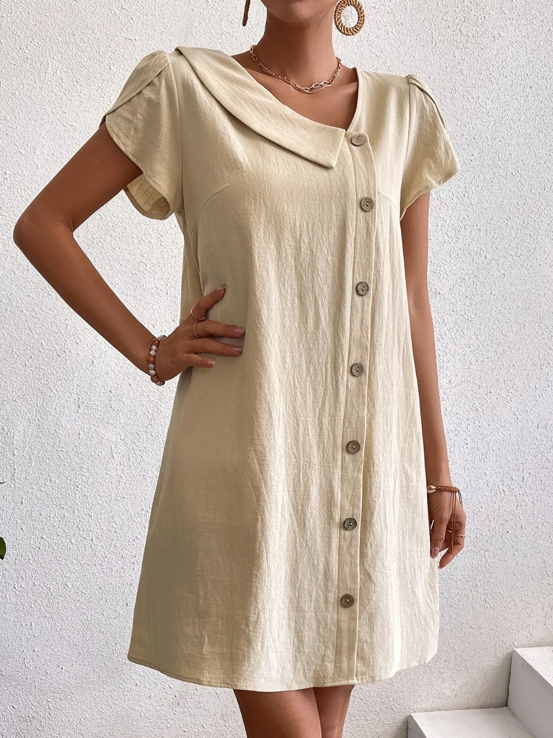 Decorative Button Asymmetrical Neck Short Sleeve Dress sold by Charming Charlie product image thumbnail 4